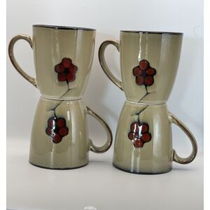 Pfaltzgraff Studio Aster Coffee Mugs Set of 4 Floral Tan Red Flower Stoneware